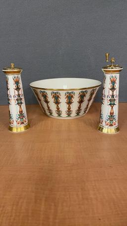 LENOX 24K GOLD LIDO SALAD BOWL, SALT & PEPPER SET