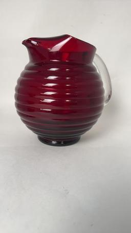 RED ART GLASS BEEHIVE PITCHER SET