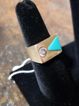 14k Gold Men's Ring w/ Diamond and Turquoise - 13.2 Grams