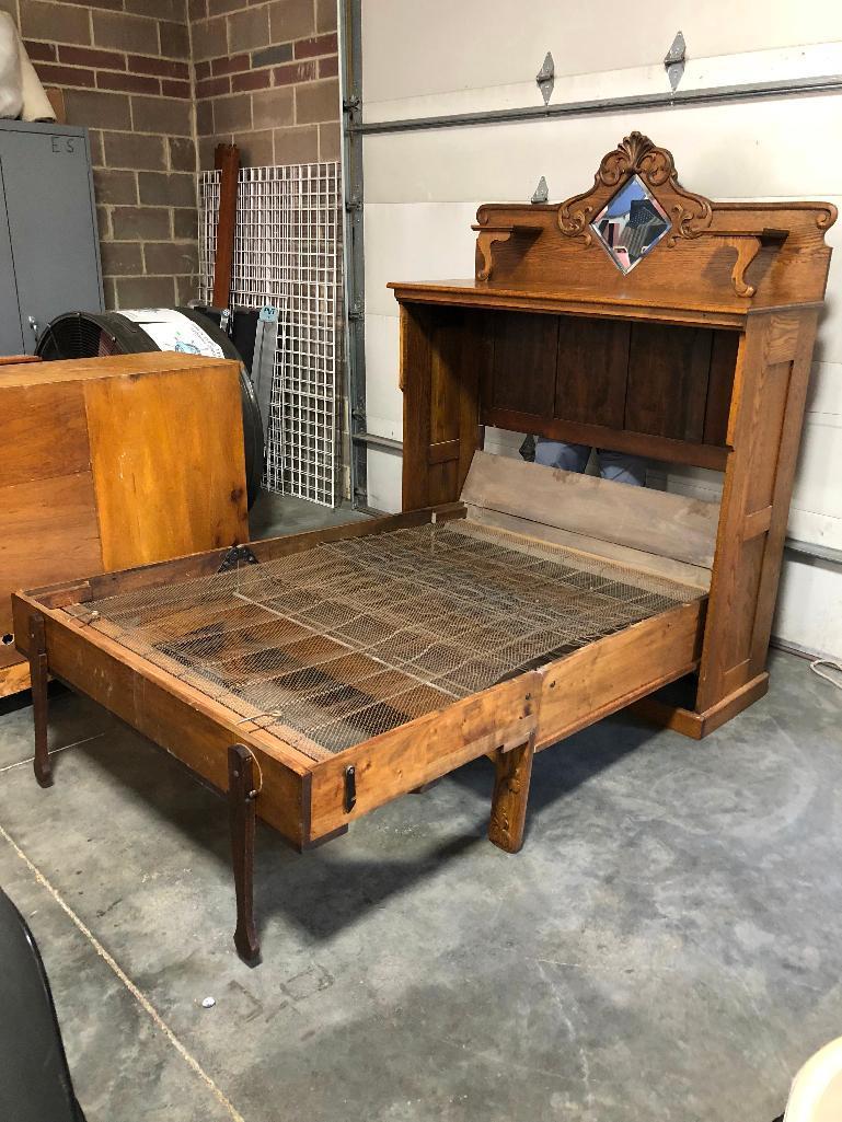 Antique Murphy Bed, Ornate Mirrored Top, Solid Wood Construction, 72" x 21" x 54.5" When Folded Away