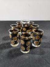 Vintage Gold Coin Collector Drink Set, Pitcher w/ 7 Matching Glasses w/ Gold Coin Designs