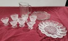 Crystal or Cut Glass Vintage Sherbet Glasses, Egg Platter, Plate & Pitcher