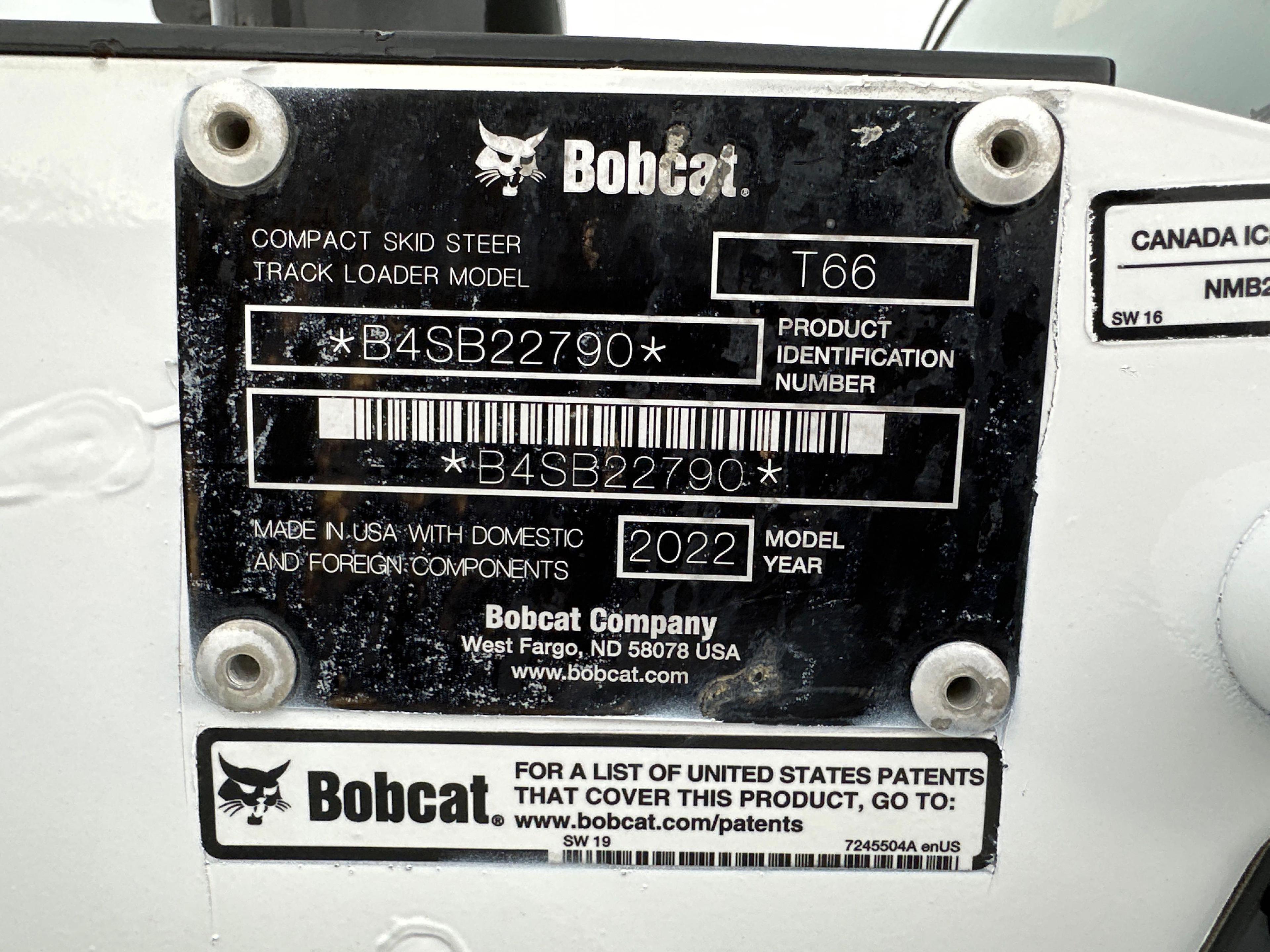 2022 BOBCAT T66 RUBBER TRACKED SKID STEER SN-22790 powered by diesel engine, 74hp, equipped with