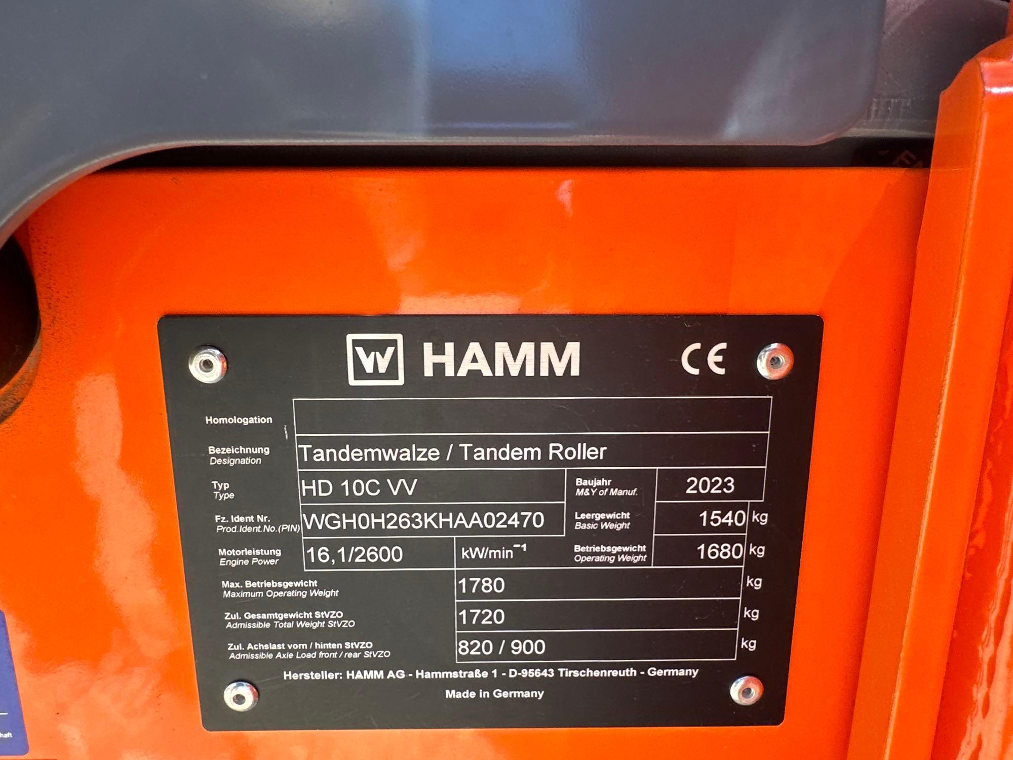 NEW UNUSED HAMM HD10CVV ASPHALT ROLLER SN:02470 powered by diesel engine, equipped with OROPS, 36in.