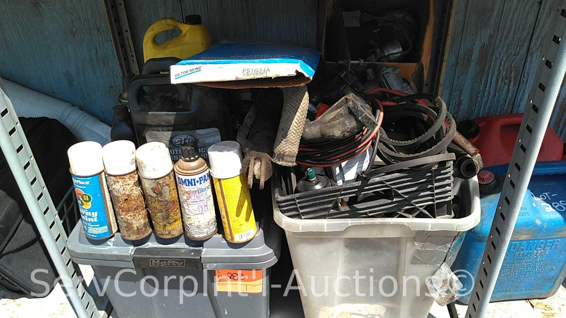Lot on Shelf of Various Forklift Parts, Gaskets, Belts, Clutch Fan, Filter, Regulator, Trans Fluid,