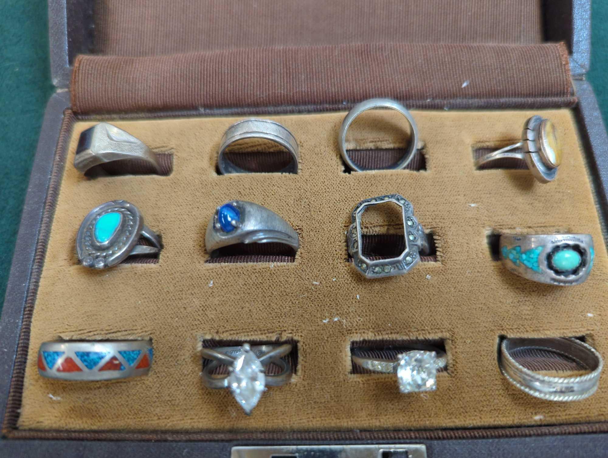 SOME STERLING RINGS IN RING CASE SOME MISSING STONES 40.4g INCLUDING STONE