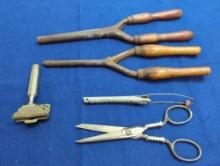 VINTAGE 2 CURLING IRONS , CURLER , GRIFFON SCISSORS, EVER-READY SHAVER