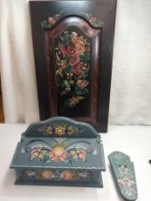 NORWEGIAN ROSEMALING DECOR, WALL POCKET 9", RECIPE BOX 12.5"X9", WALL HANGING 25"