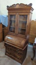 VICTORIAN WALNUT TWO-PIECE CYLINDER ROLL TOP SECRETARY CIRCA 1880 91.5"X40"X23"