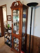 WOOD AND GLASS CABINET, ASSORTED FIGURINES, CHINA SET, GLASS CLOCK :INCLUDE