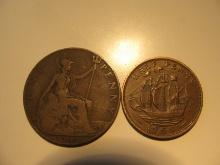 Foreign Coins: Great Britain 1909 Penny & 1958 1/2 Penny