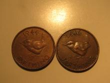 Foreign Coins: 1944 (WWII) & 1946 Great Britain Farthings