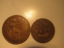 Foreign Coins: Great Britain 1921 Penny & 1947 1/2 Penny