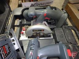 18v cordless tool kit with case: jig saw, flashlight, circular saw, and drill, (2) batteries