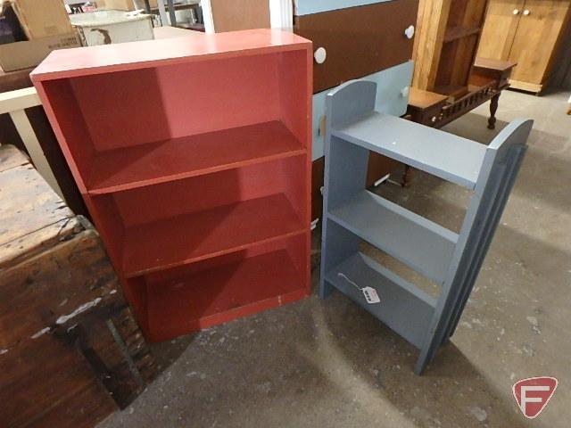 (2) painted wood book shelves, red is 36inHx24inWx10inD. Blue/Gray is 32inH. 2 pieces