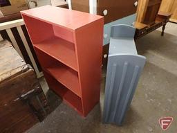 (2) painted wood book shelves, red is 36inHx24inWx10inD. Blue/Gray is 32inH. 2 pieces