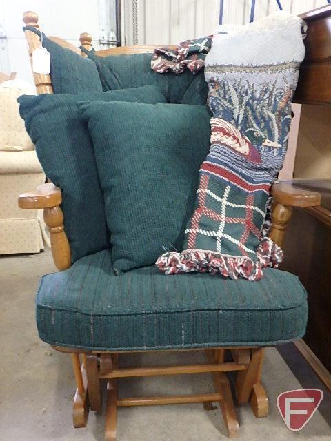 Wood glider/rocking chair with (2) throw pillows and throw blanket