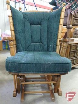 Wood glider/rocking chair with (2) throw pillows and throw blanket