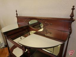 Victorian display cabinet, 55inHx31.5inWx 14inD, mirror back and cut mirror shelf covers