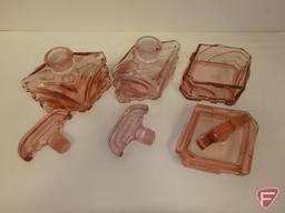 Pink glass perfume bottles and trinket dish, from Czechoslovakia. 3 pieces