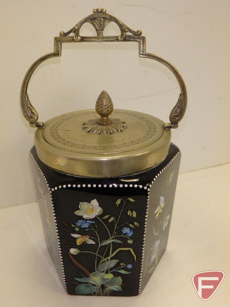 Painted ceramic hexagon biscuit jar with metal lid and handle