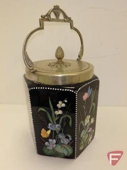 Painted ceramic hexagon biscuit jar with metal lid and handle