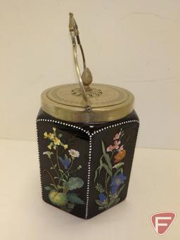 Painted ceramic hexagon biscuit jar with metal lid and handle