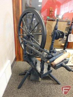 Painted wood spinning wheel 35inH with (4) vintage wool carders