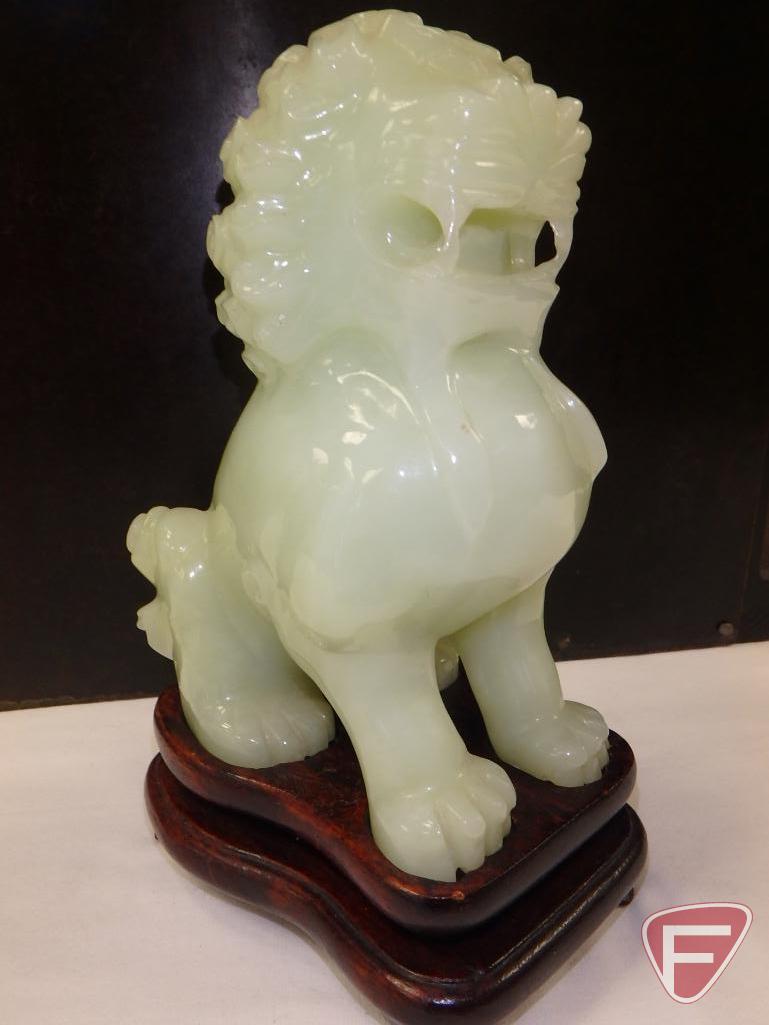 Jade lion/Foo Dog/dragon dog on wood pedestal, 7inH