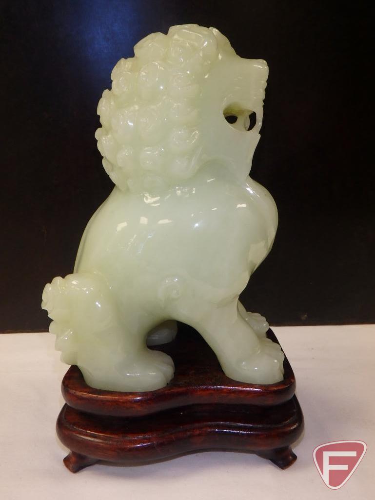 Jade lion/Foo Dog/dragon dog on wood pedestal, 7inH