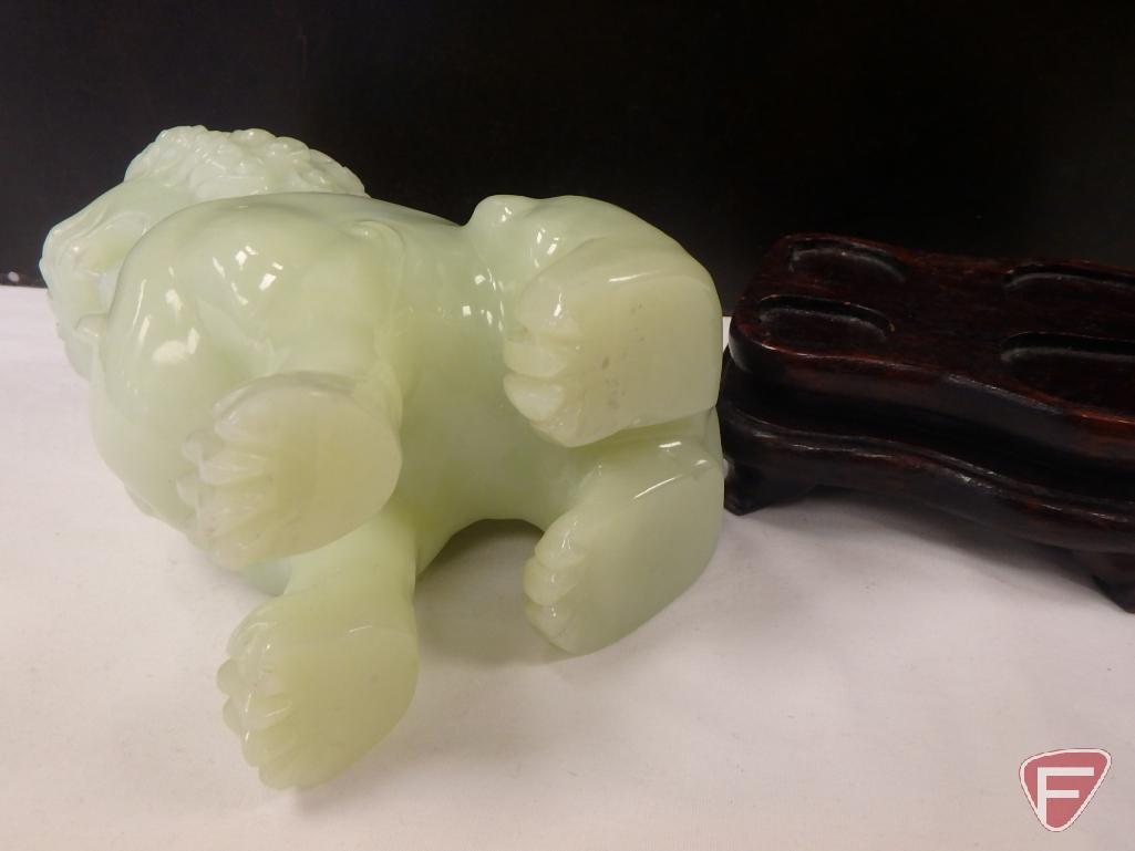 Jade lion/Foo Dog/dragon dog on wood pedestal, 7inH