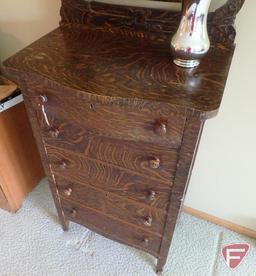 Vintage wood dresser/storage cabinet with positional mirror, 5 drawers, on wheels,