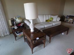 Vintage Mersman wood (2) end tables and coffee table, purchased 1962, and table lamp 35inG,