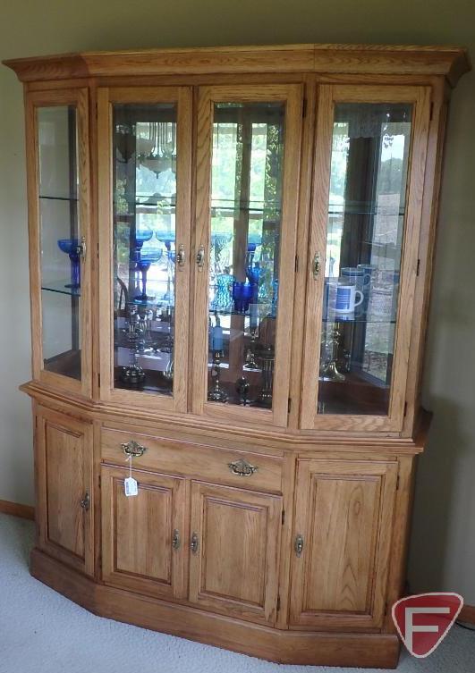 Wood Cochrane Furniture hutch, lighted, with 4 glass doors, 2 glass shelves, silverware drawer, and