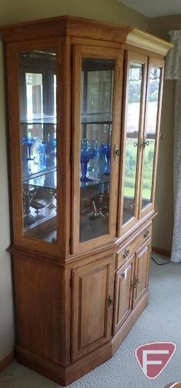 Wood Cochrane Furniture hutch, lighted, with 4 glass doors, 2 glass shelves, silverware drawer, and