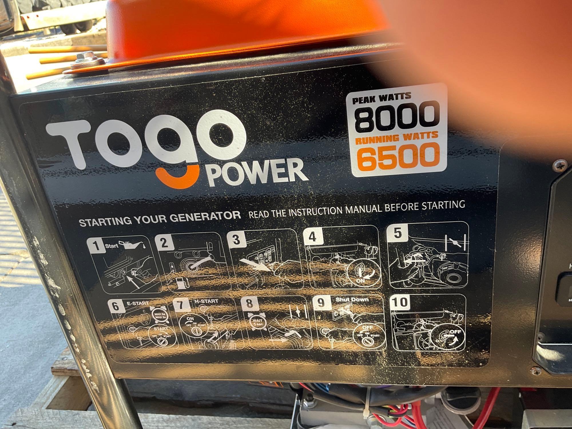 UNUSED TOGO POWER GAS GENERATOR MODEL GG8000; 4-STROKE, 8000 PEAK WATTS, 6500 RUNNING WATTS