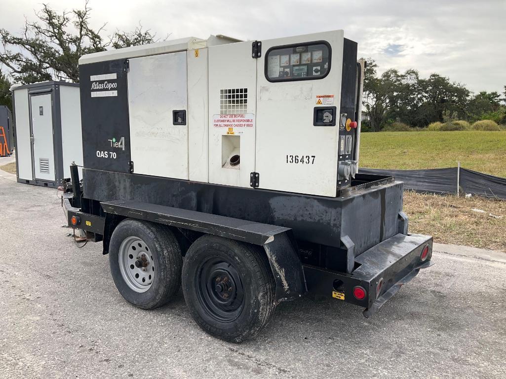 ATLAS COPCO TIER 4 INTERIM GENERATOR MODEL QAS70 , TRAILER MOUNTED, DIESEL, JOHN DEERE ENGINE, PH...