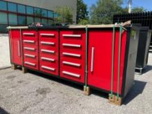 UNUSED CHERY STEELMAN WORK BENCH , 10FT, 15...DRAWERS, KEYS TO LOCK, ANIT-SLIP MAT, THREE RAIL SL...