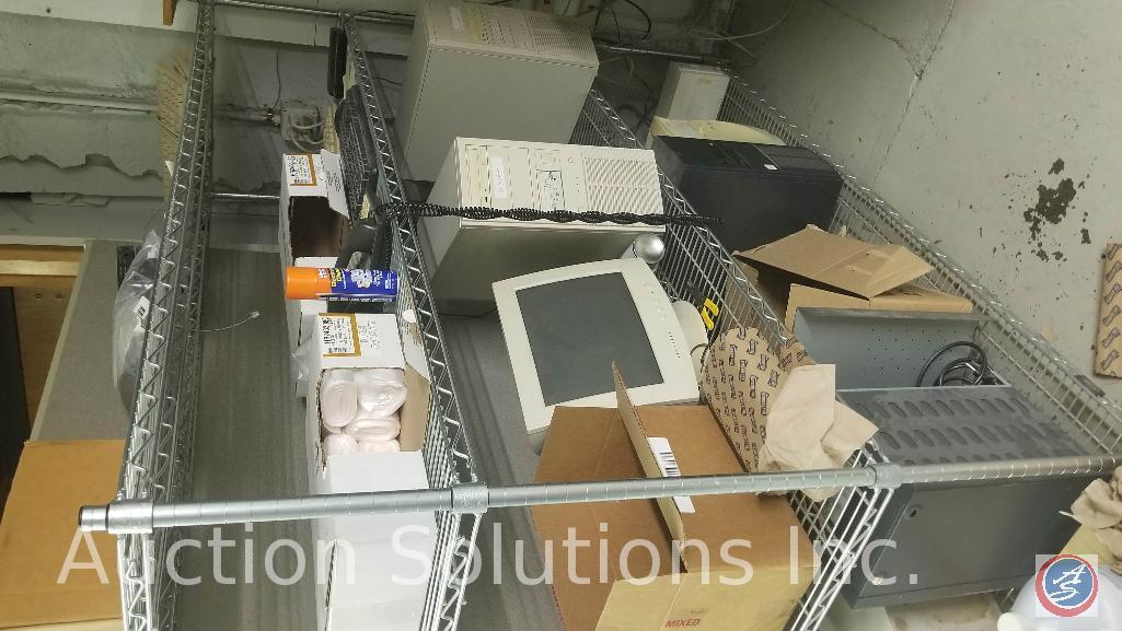 Contents of entire room, including computers, keyboards, wiring, shelving, tables, electronics, and
