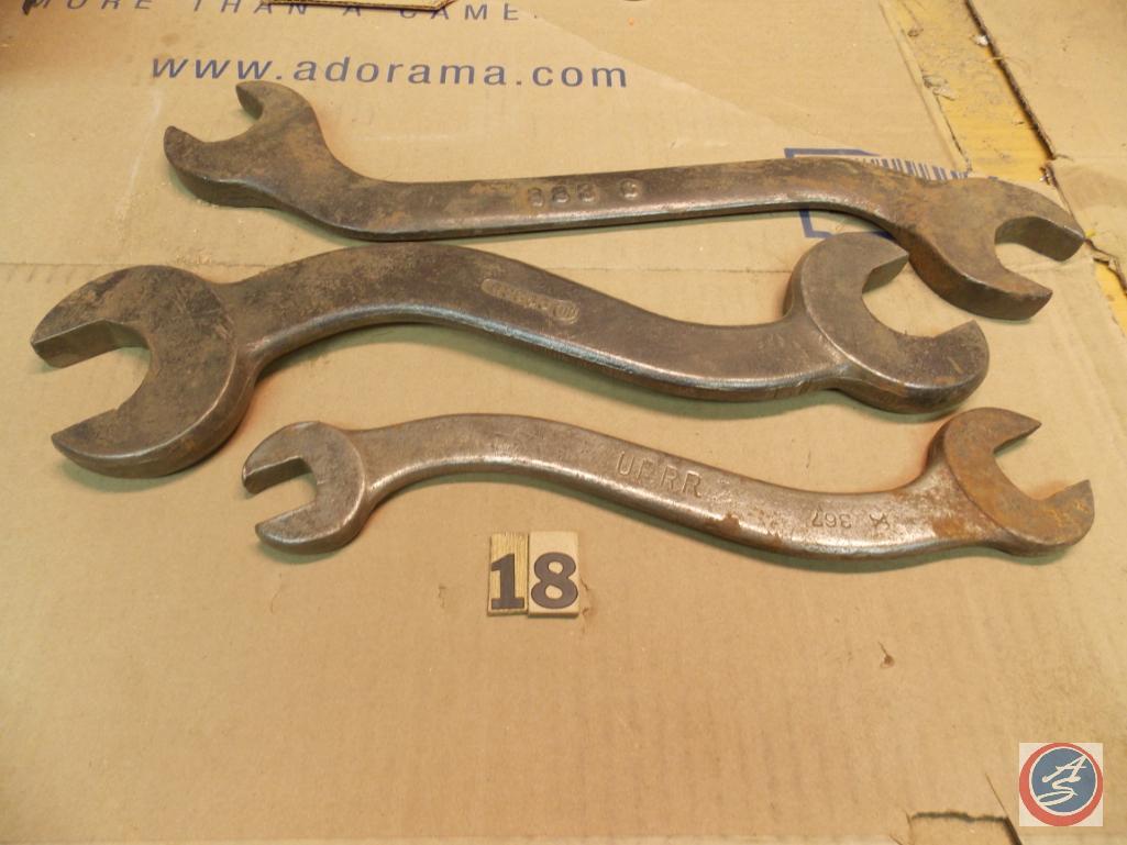 (3) large Serpentine Wrenches including 16 in. marked 883c - 14 in. IH 83866 - 12 in. U.P.R.R