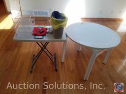 Wooden Round Table 5" x 28", Folding Table 30" x 19 1/2" x 29", Trash Can, Blazin LED Flashlight