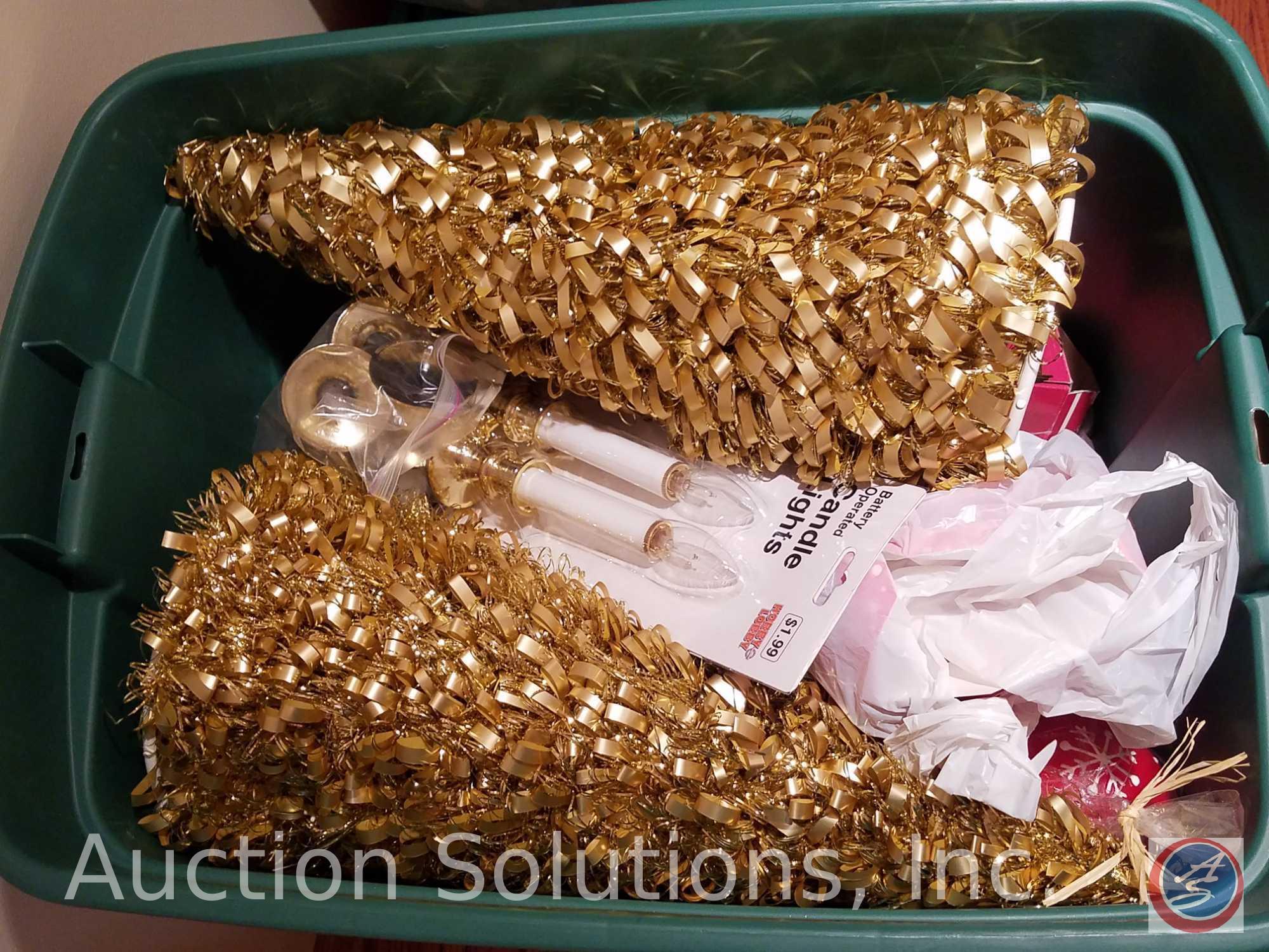 Christmas Lights, Christmas Tree Wrap, (2) Table Top Gold Christmas Trees, Battery Operated Candles,