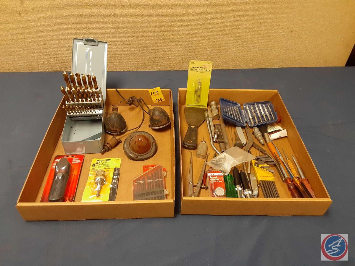 Inside Caliper, Hex Keys, Screwdrivers, Masonry Drill Bits, Drill Bit Set in Metal Case, Vintage