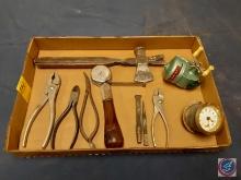 VIntage Trapper Hatchet, Vintage Metal Tape Measure, VIntage WIndup Clock, Pliers, Punch, Fishing