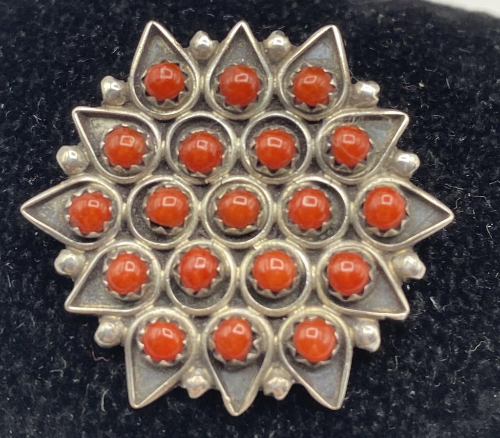 LONASEE ZUNI STERLING RED CORAL PENDANT PIN
