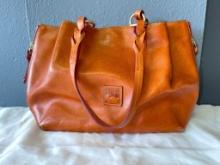 Ladies Cognac Leather Dooney & Bourke Handbag w/Braided Leather Handles and Tweed Liner