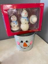 Two Piece Christmas Lot Incl Decorated Snowman Galvanized Bucket