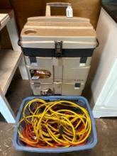 Plano, Work Station, Tool Box with Contents and Group of Extension Cords