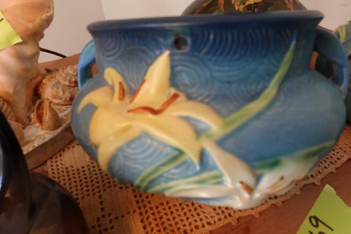 ROSEVILLE BLUE HANGING PLANTER APPROX 5 INCH X 8 INCH ACROSS