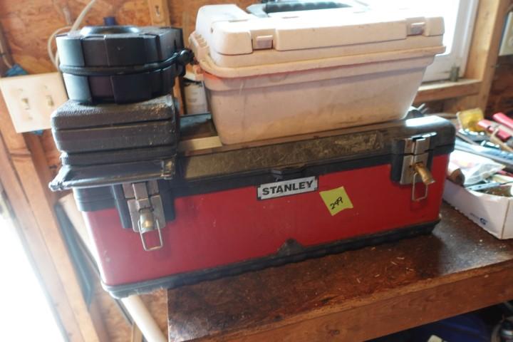 TOOL BOXES WITH MISC HAND TOOLS SOCKET SETS AIR PUMP ETC